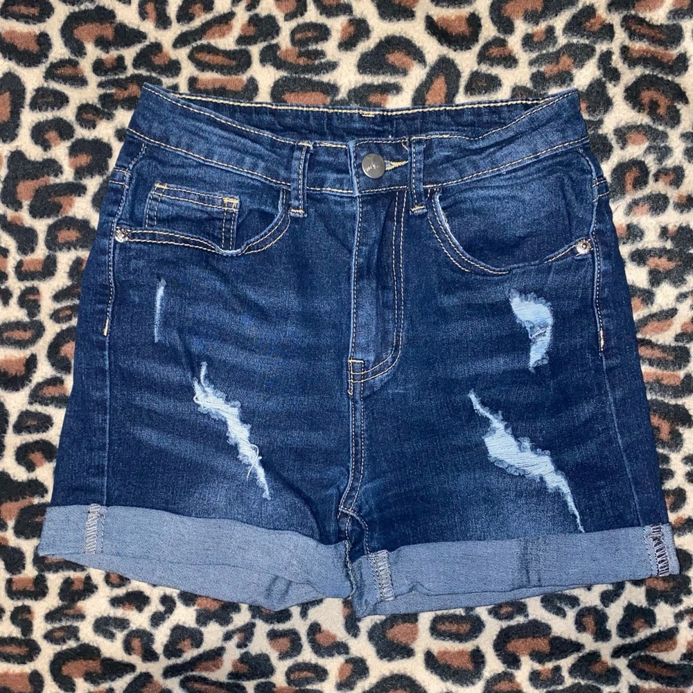 darkwash distressed jean shorts